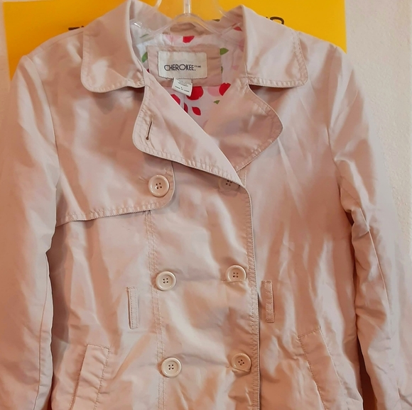 Cherokee beige long/trench/raincoat cherry print lined size L - Picture 3 of 4